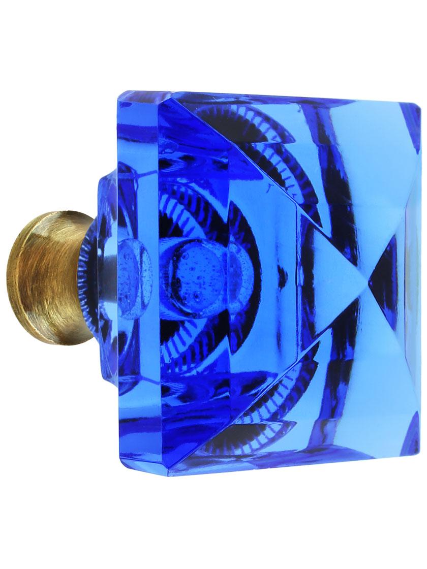 Blue Lead-Free Square Crystal Knob with Solid Brass Base in Antique Brass.